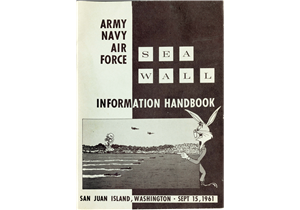 60s era pamphlet depicts Bugs Bunny with a frightened expression looking at a sketch of war ships, war planes, and a mushroom cloud on a beach